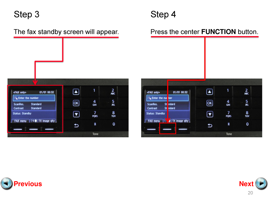 Canon mx882 manual Step, Previous, Next, Press the center FUNCTION button 