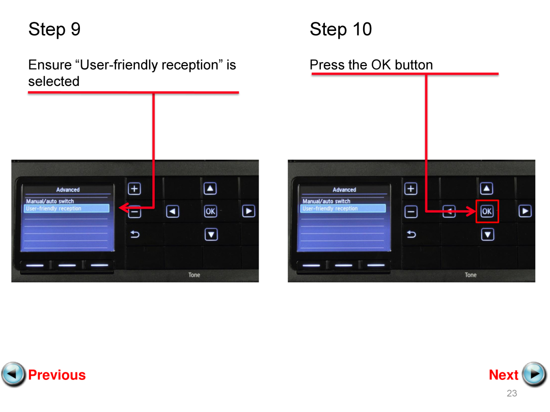 Canon mx882 manual Step, Ensure “User-friendly reception” is, Press the OK button, selected, Previous, Next 