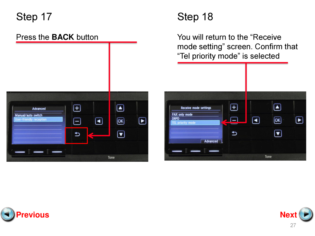 Canon mx882 manual Step, Previous, Next, mode setting” screen. Confirm that 
