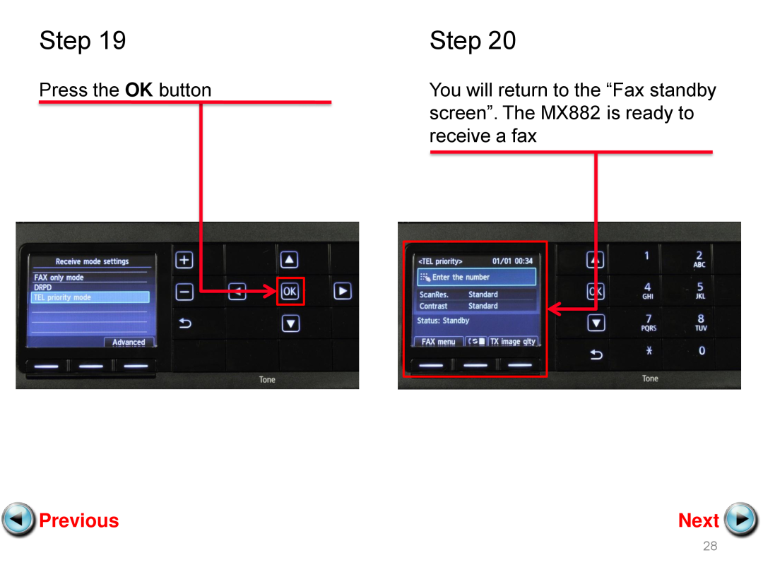 Canon mx882 manual Step, Previous, Next, You will return to the “Fax standby 