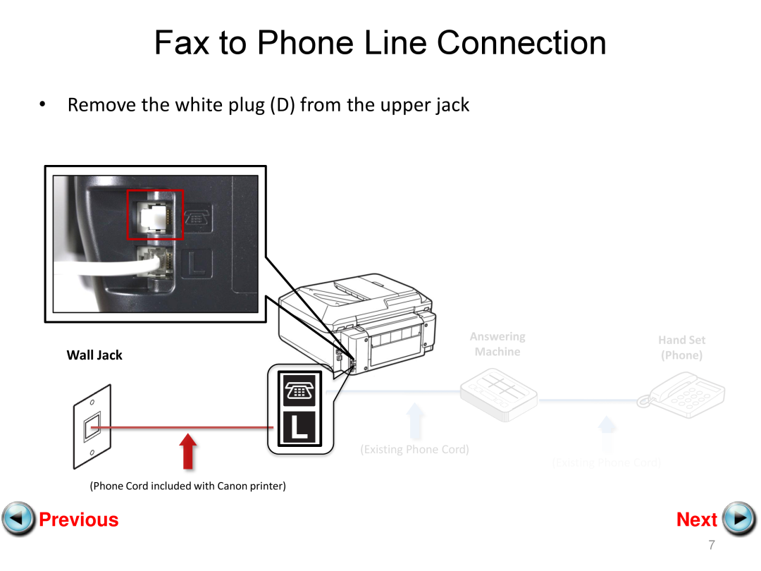Canon mx882 manual Remove the white plug D from the upper jack, Fax to Phone Line Connection, Previous, Next, Wall Jack 