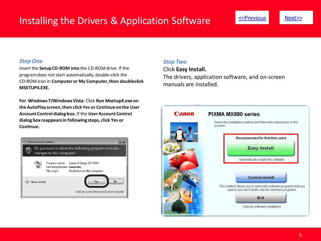 Canon mx882 manual Step One, Click Easy Install, Installing the Drivers & Application Software, Previous, Next, Step Two 