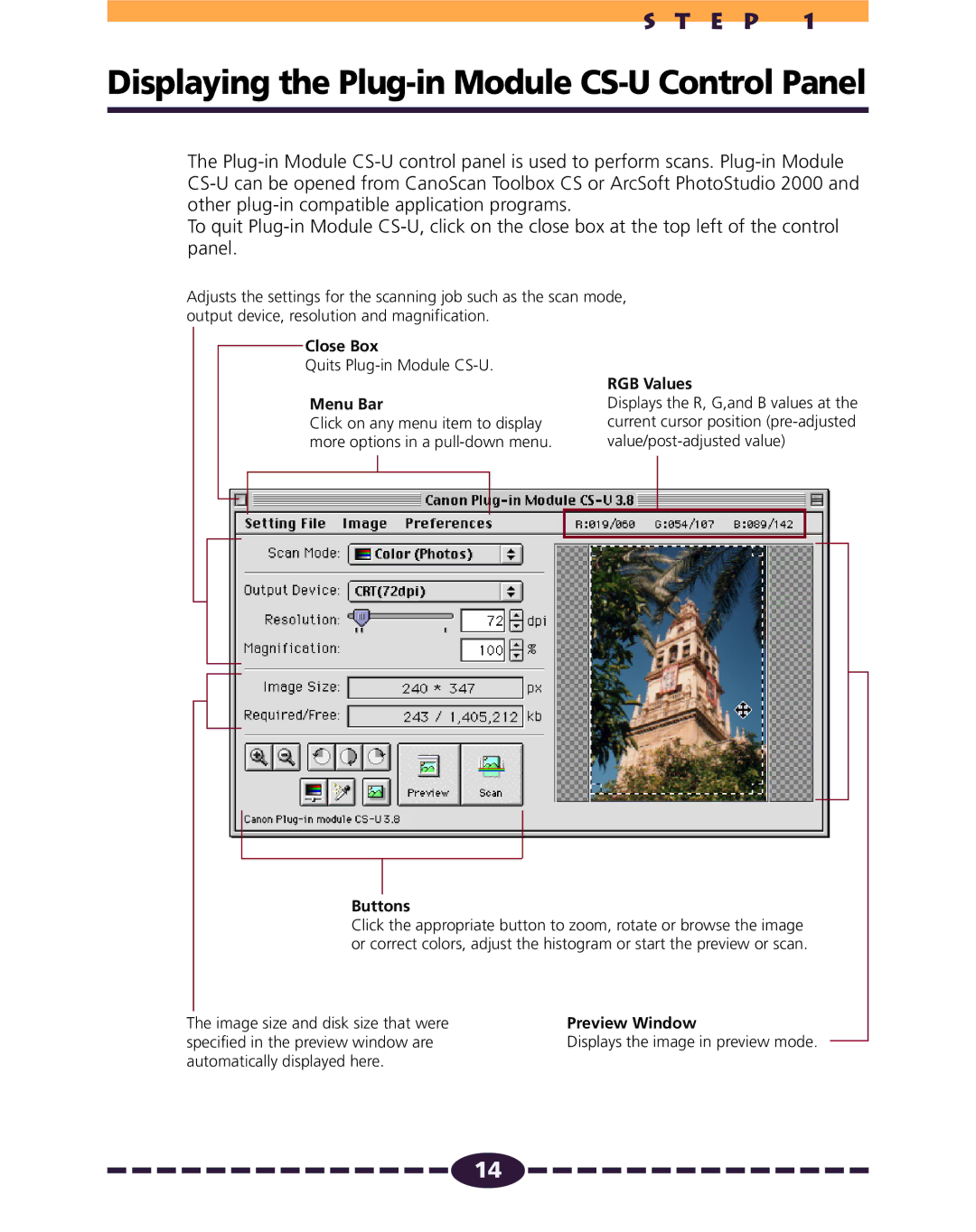 Canon N650U, N656U, N1220U manual Displaying the Plug-in Module CS-U Control Panel, RGB Values 