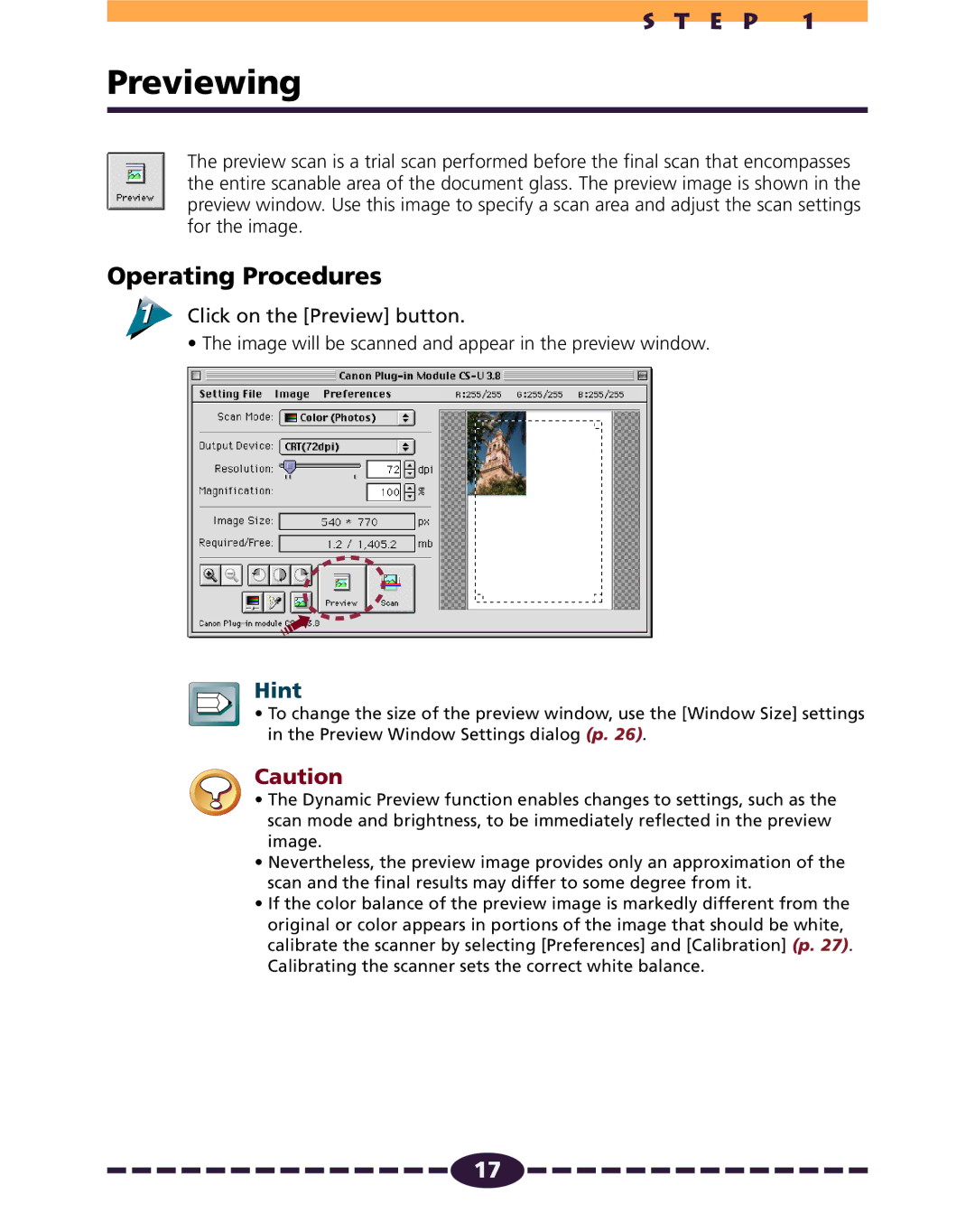 Canon N650U, N656U, N1220U manual Previewing, Click on the Preview button 