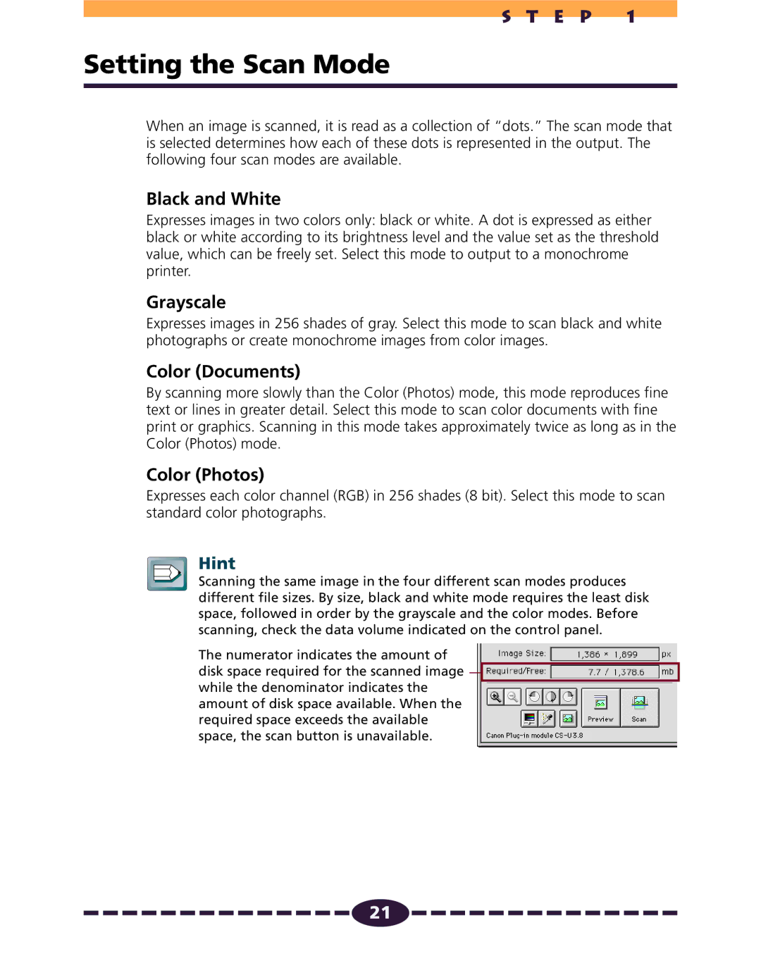 Canon N656U, N1220U, N650U manual Setting the Scan Mode, Black and White, Grayscale, Color Documents, Color Photos 