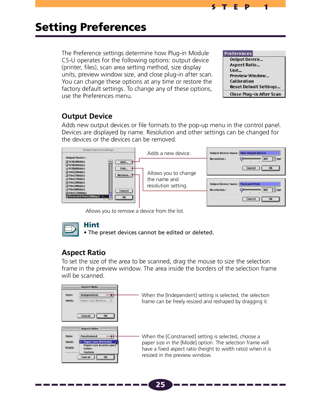 Canon N1220U, N656U, N650U manual Setting Preferences, Output Device, Aspect Ratio 