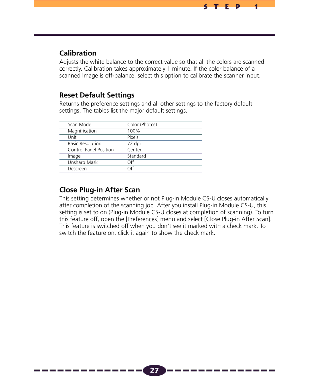 Canon N656U, N1220U, N650U manual Calibration, Reset Default Settings, Close Plug-in After Scan 