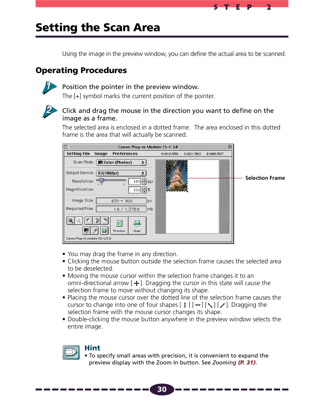 Canon N656U, N1220U, N650U manual Setting the Scan Area, Position the pointer in the preview window 