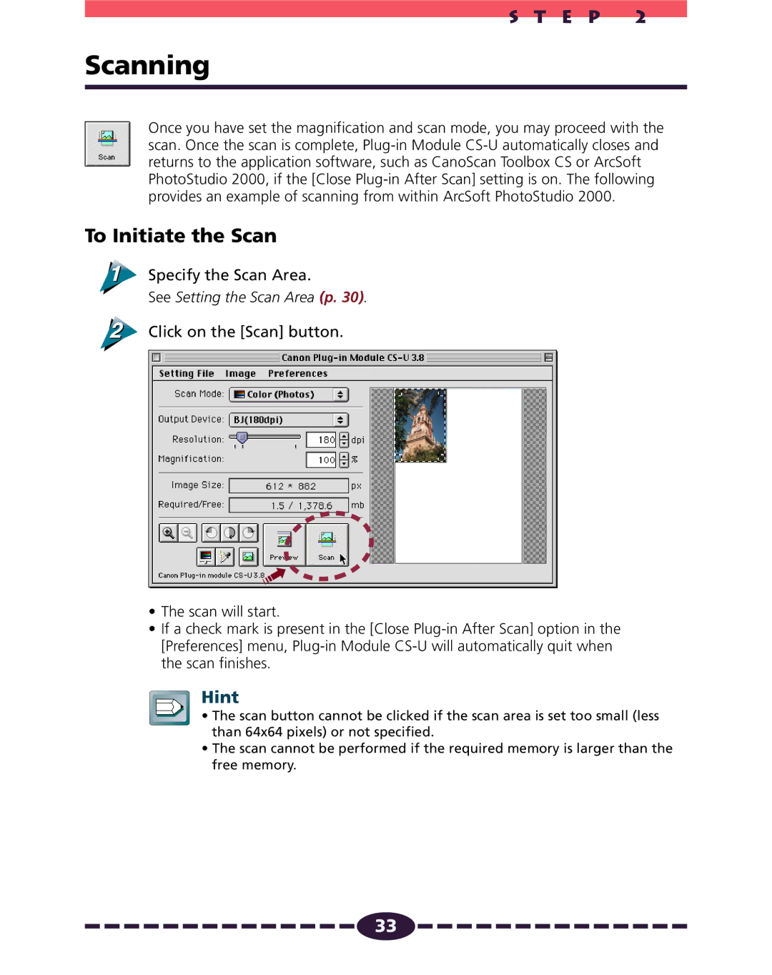 Canon N656U, N1220U, N650U manual Scanning, To Initiate the Scan, Specify the Scan Area, Click on the Scan button 