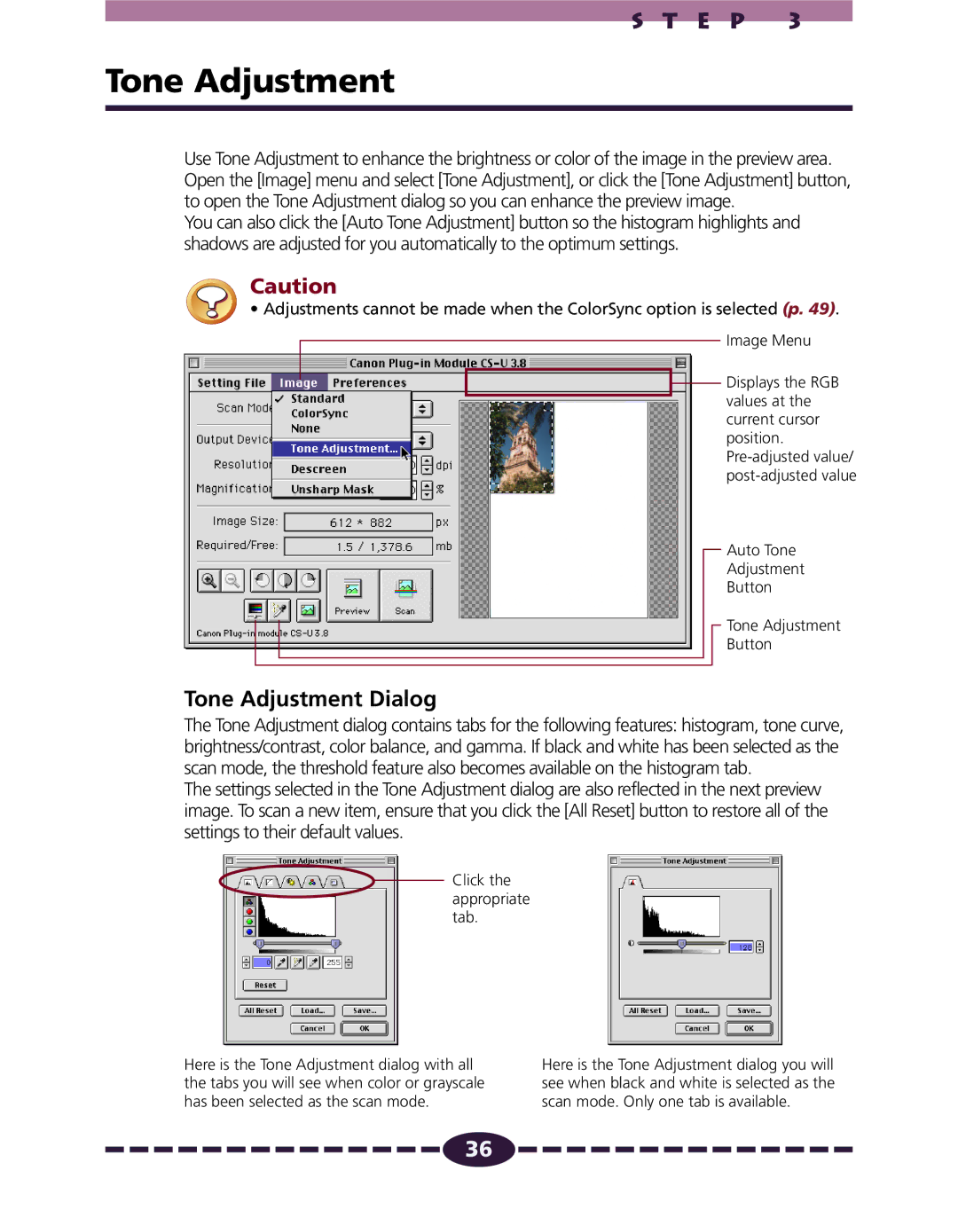 Canon N656U, N1220U, N650U manual Tone Adjustment Dialog 