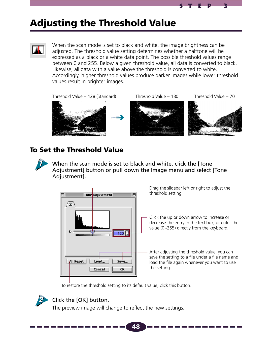 Canon N656U, N1220U, N650U manual Adjusting the Threshold Value, To Set the Threshold Value 