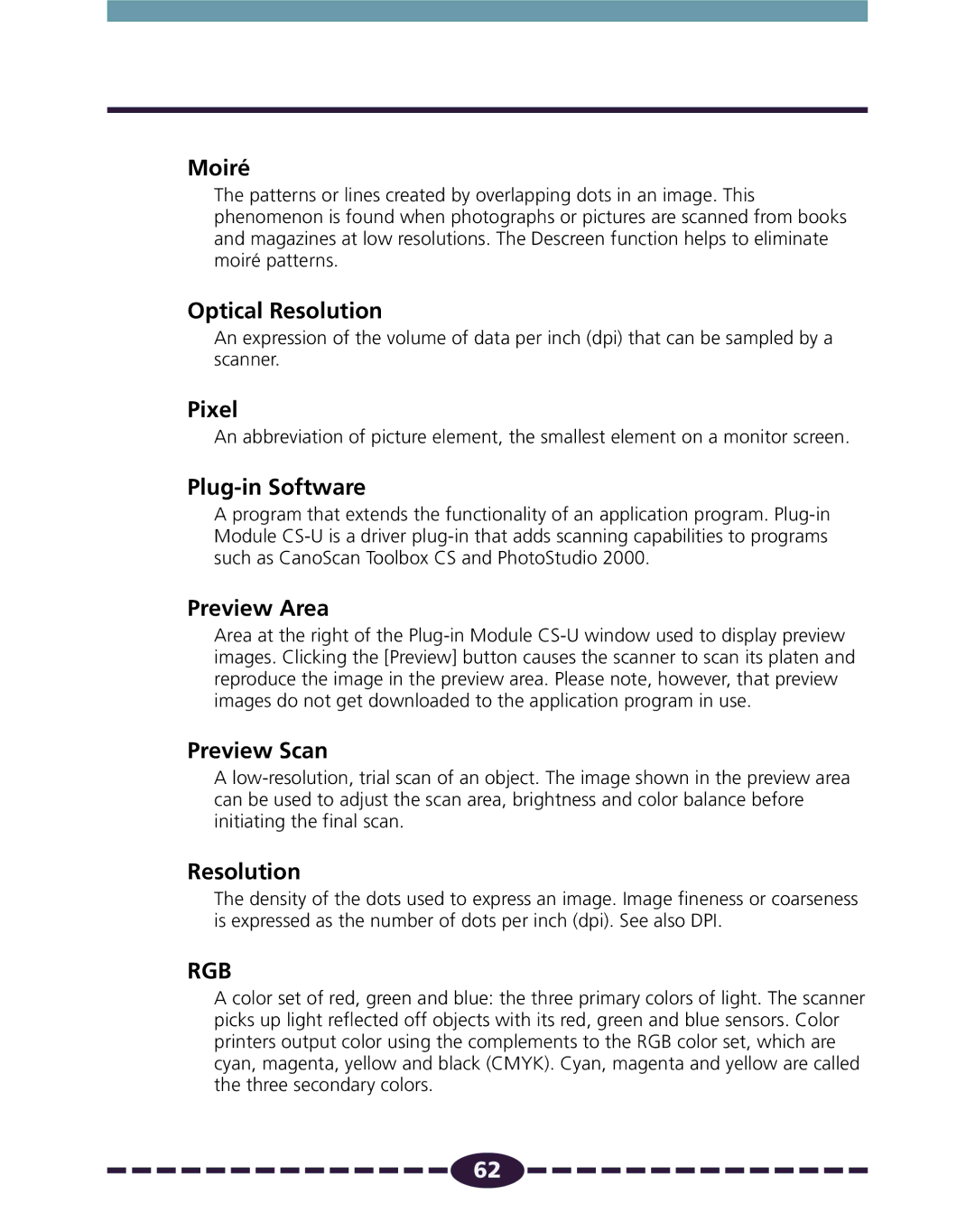 Canon N650U, N656U, N1220U manual Moiré, Optical Resolution, Pixel, Plug-in Software, Preview Area, Preview Scan 