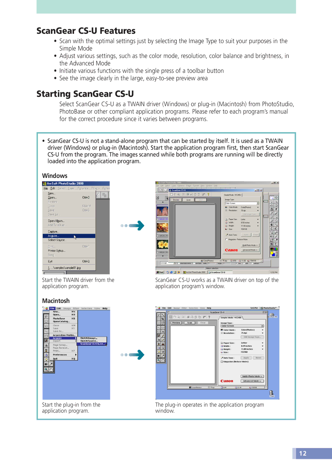 Canon N670U, N1240U, N676U manual ScanGear CS-U Features, Starting ScanGear CS-U, Windows, Macintosh 