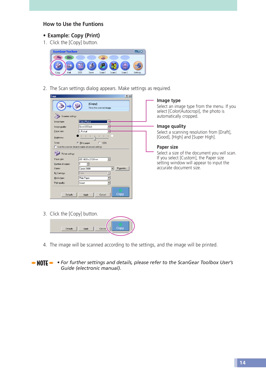 Canon N676U, N670U, N1240U manual How to Use the Funtions Example Copy Print, Image type, Image quality, Paper size 