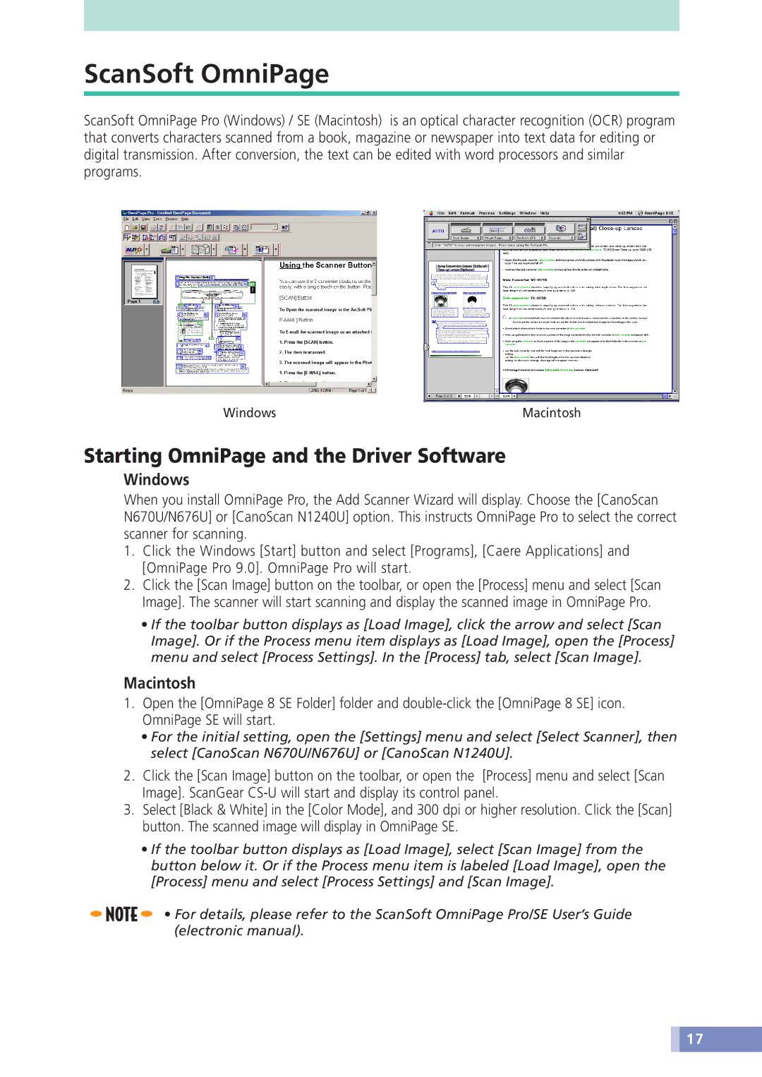 Canon N676U, N670U, N1240U manual ScanSoft OmniPage, Starting OmniPage and the Driver Software 