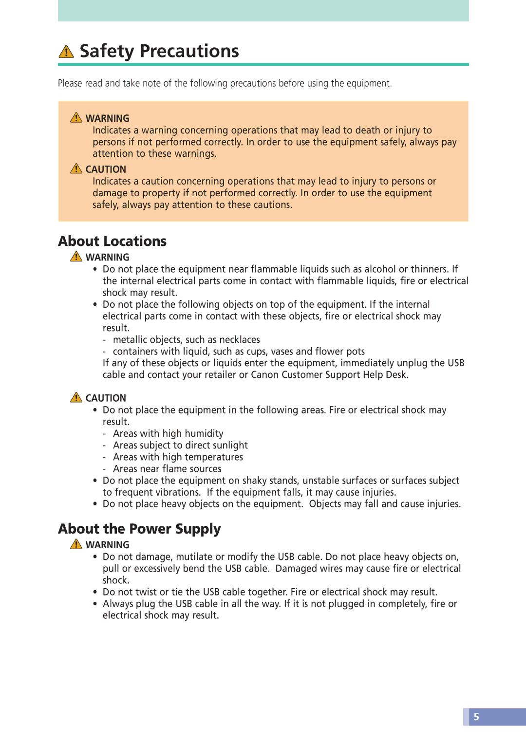 Canon N676U, N670U, N1240U manual Safety Precautions, About Locations, About the Power Supply 