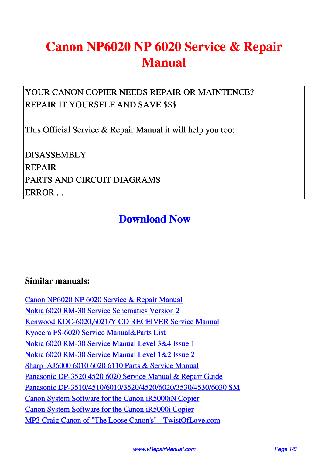 Canon service manual Canon NP6020 NP 6020 Service & Repair Manual, Download Now, Similar manuals 