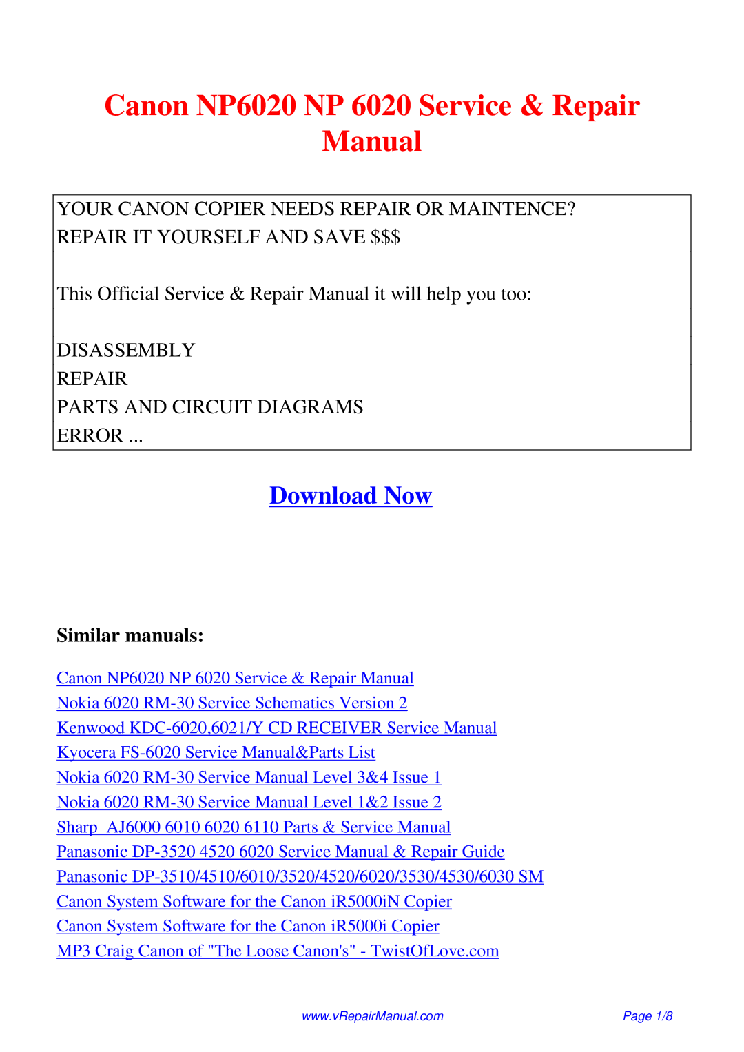 Canon service manual Canon NP6020 NP 6020 Service & Repair Manual 