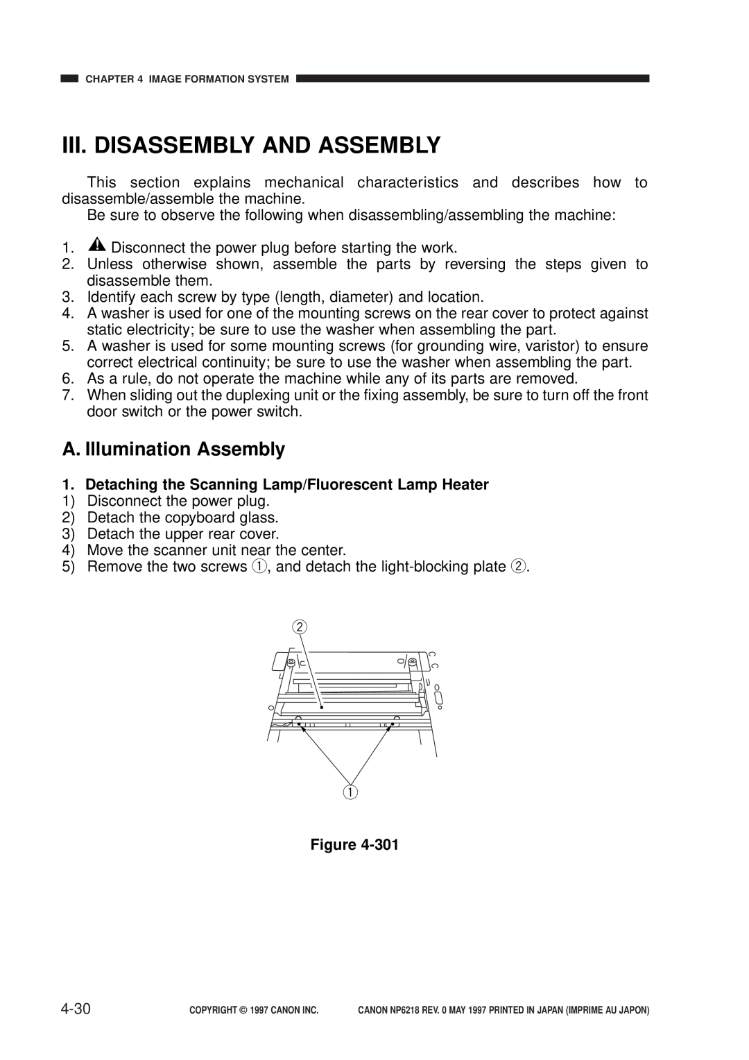 Canon NP6218 Iii. Disassembly And Assembly, A. Illumination Assembly, Detaching the Scanning Lamp/Fluorescent Lamp Heater 