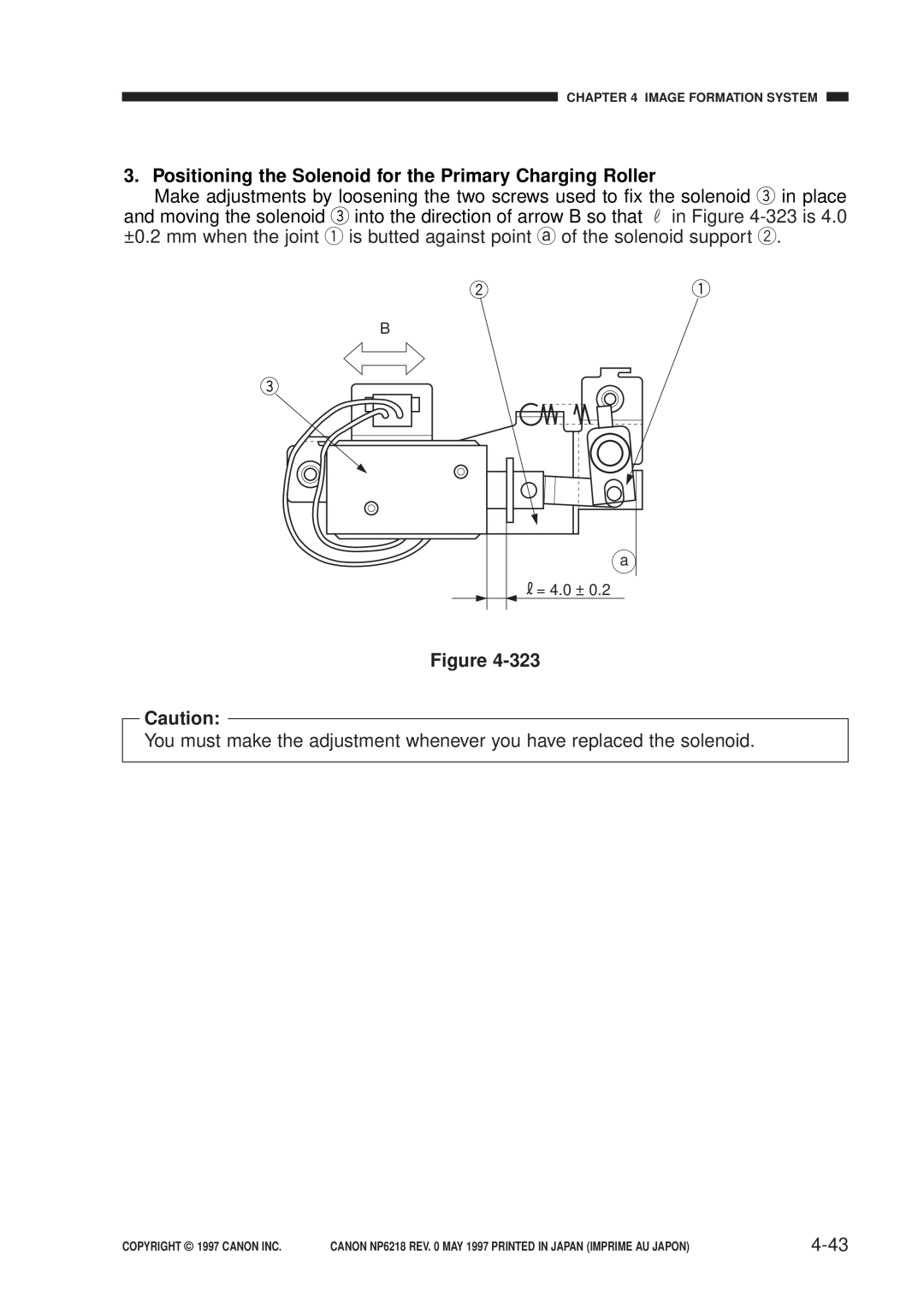 Canon FY8-13EX-000, NP6218 service manual Positioning the Solenoid for the Primary Charging Roller, 4-43 
