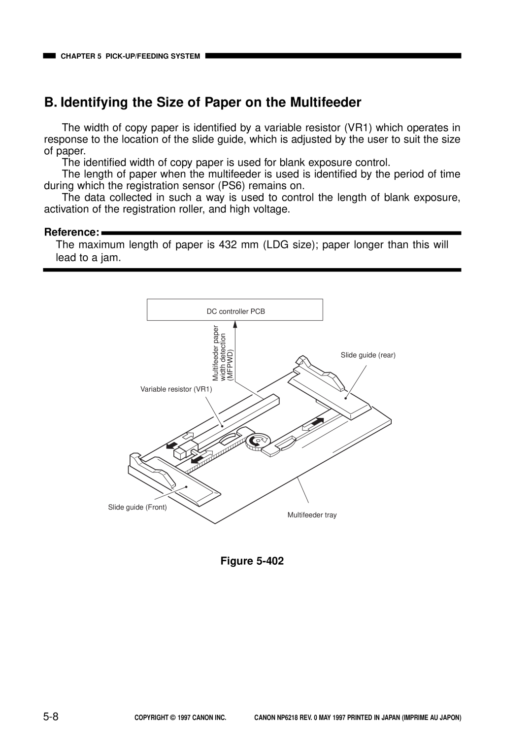 Canon FY8-13EX-000, NP6218 service manual B. Identifying the Size of Paper on the Multifeeder, Reference 