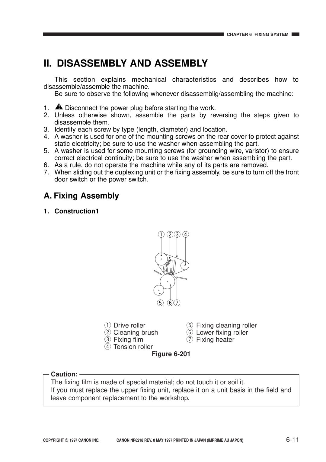 Canon FY8-13EX-000, NP6218 service manual Ii. Disassembly And Assembly, A. Fixing Assembly, Construction1, 6-11 
