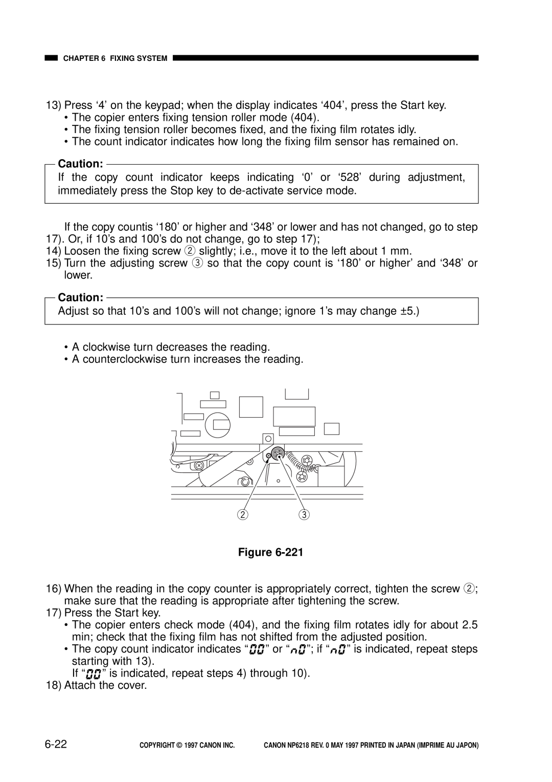 Canon NP6218, FY8-13EX-000 service manual 6-22, The copier enters fixing tension roller mode 