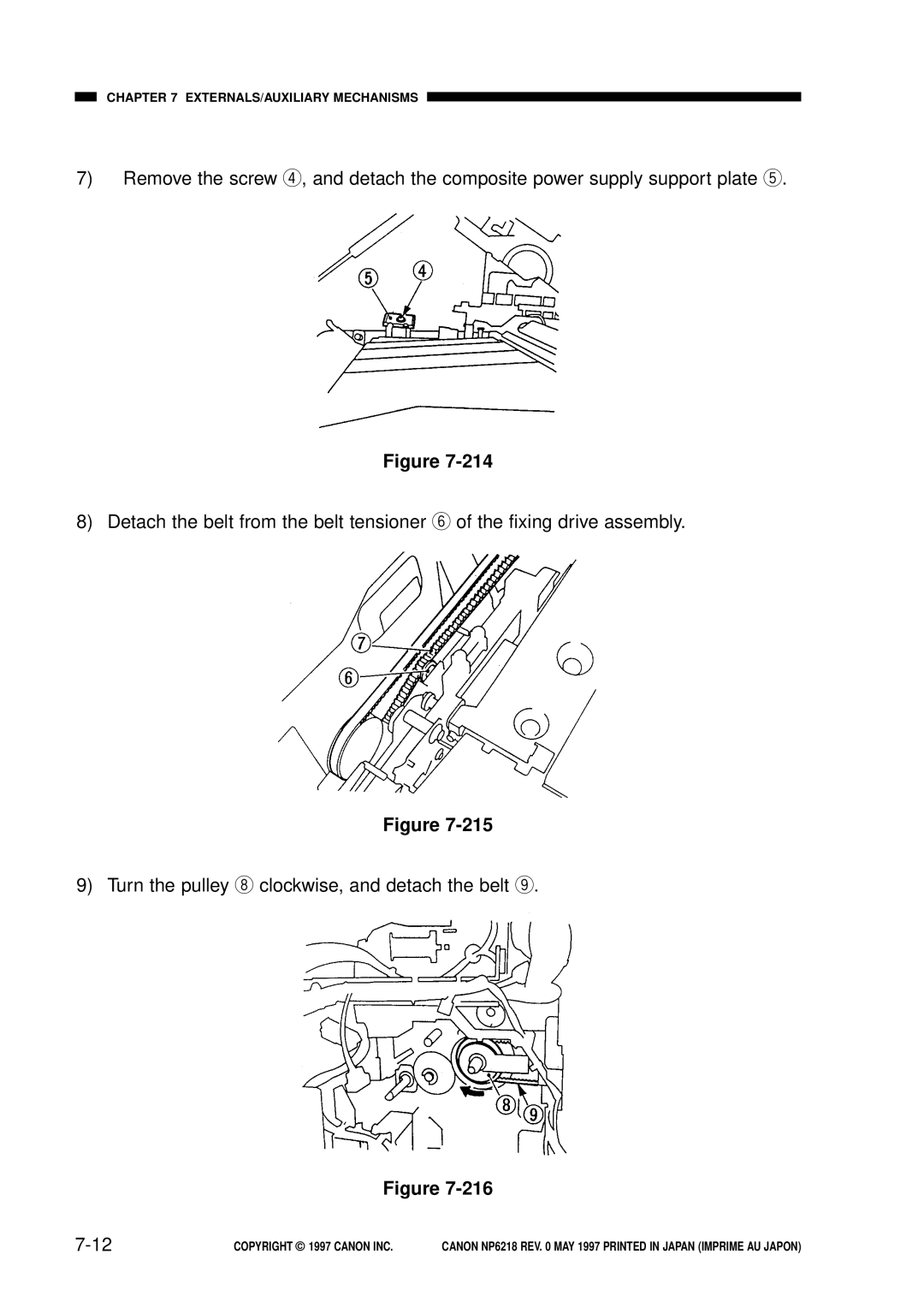 Canon FY8-13EX-000, NP6218 service manual 7-12, Turn the pulley i clockwise, and detach the belt o 