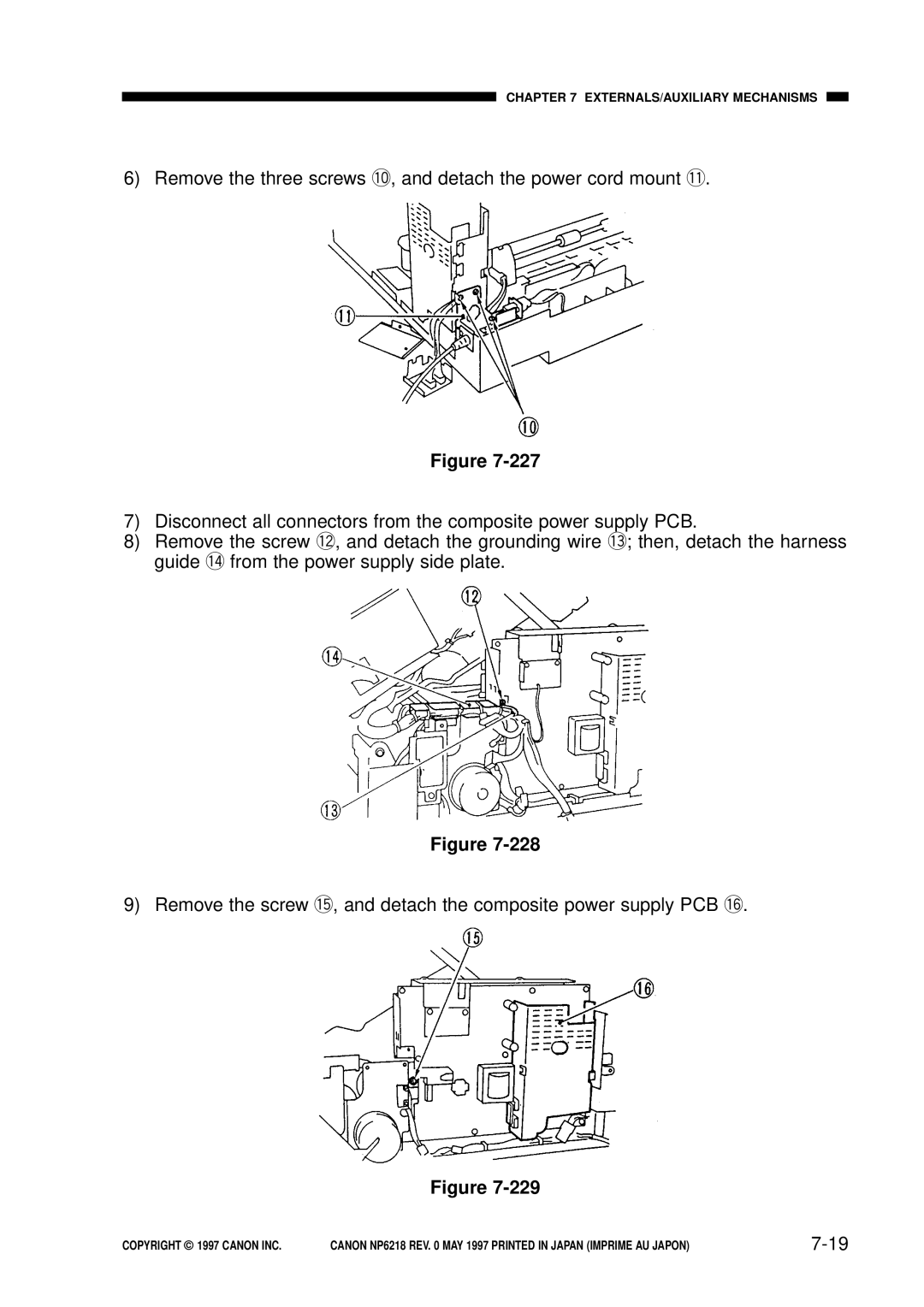 Canon NP6218, FY8-13EX-000 service manual 7-19, Remove the three screws !0, and detach the power cord mount !1 
