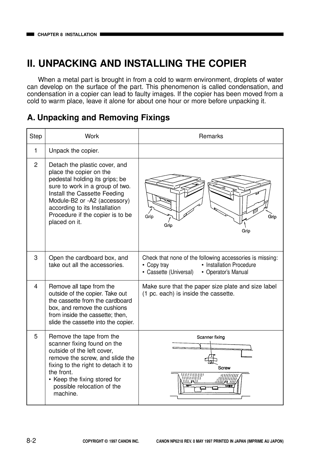 Canon NP6218, FY8-13EX-000 service manual Ii. Unpacking And Installing The Copier, A. Unpacking and Removing Fixings 