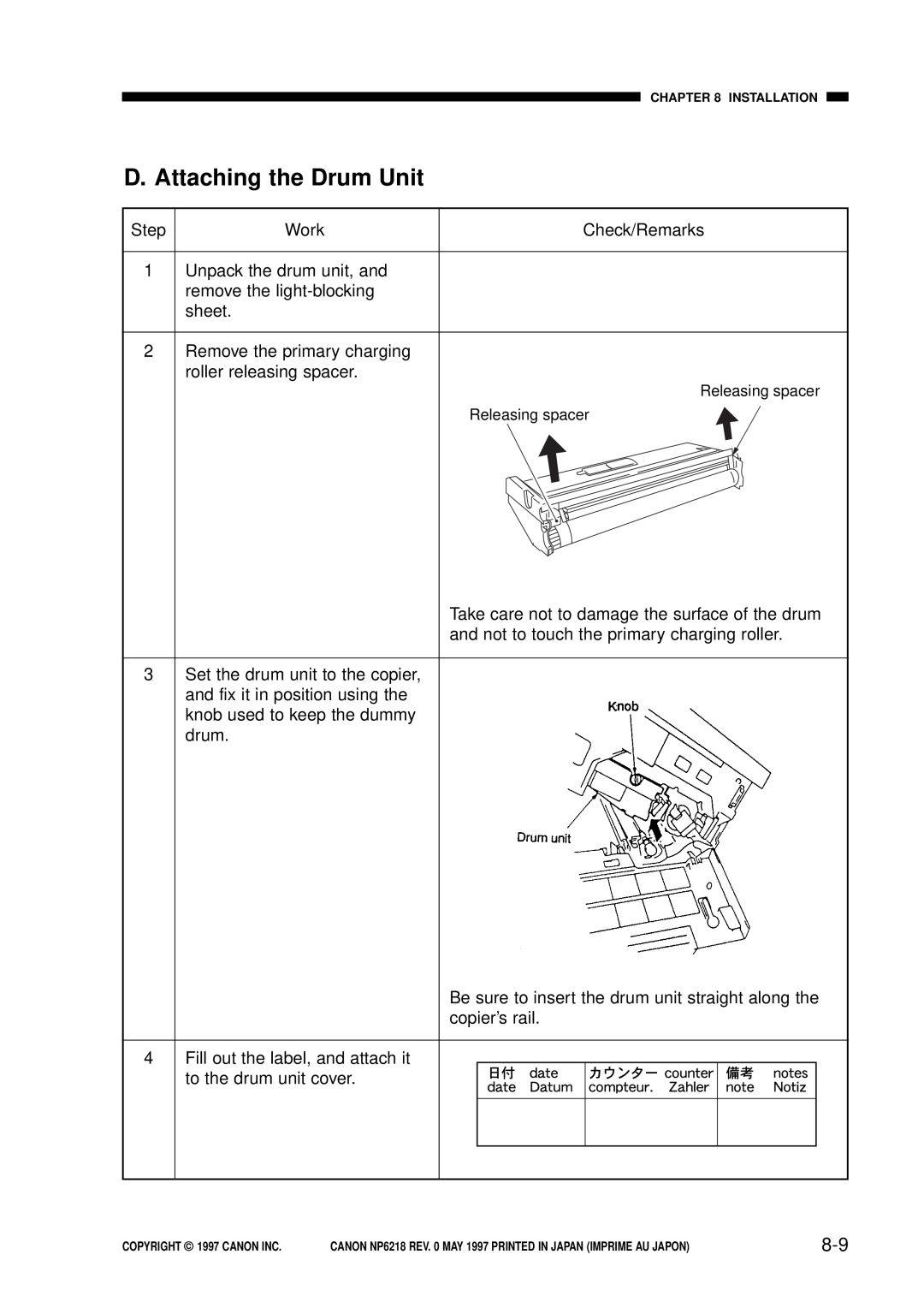 Canon FY8-13EX-000, NP6218 service manual D. Attaching the Drum Unit, Check/Remarks 