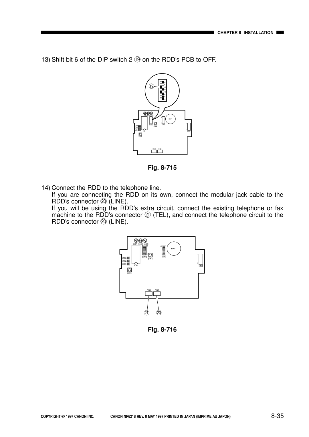 Canon FY8-13EX-000, NP6218 service manual 8-35, Shift bit 6 of the DIP switch 2 !9on the RDD’s PCB to OFF 