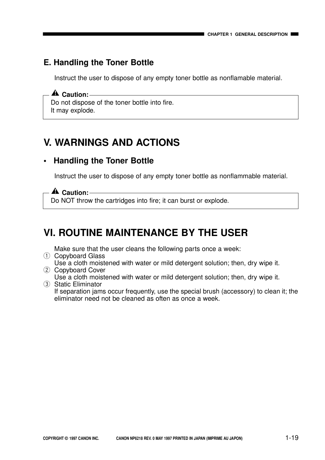 Canon NP6218 V. Warnings And Actions, Vi. Routine Maintenance By The User, E. Handling the Toner Bottle, 1-19 