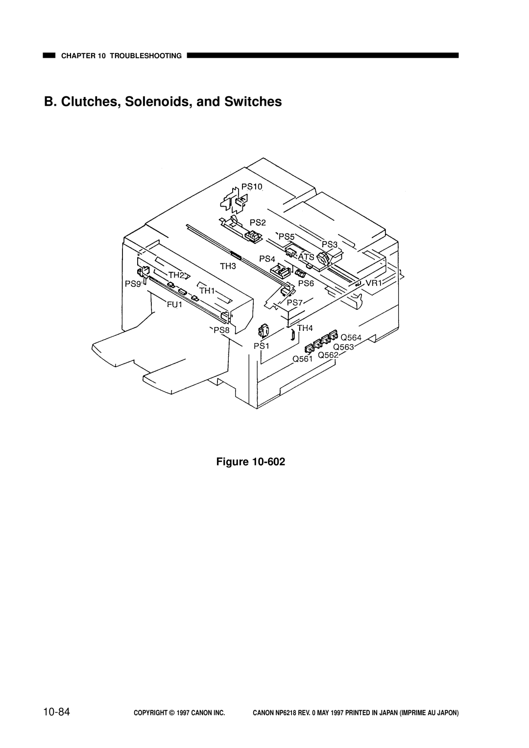Canon NP6218, FY8-13EX-000 B. Clutches, Solenoids, and Switches, 10-84, Troubleshooting, COPYRIGHT 1997 CANON INC 