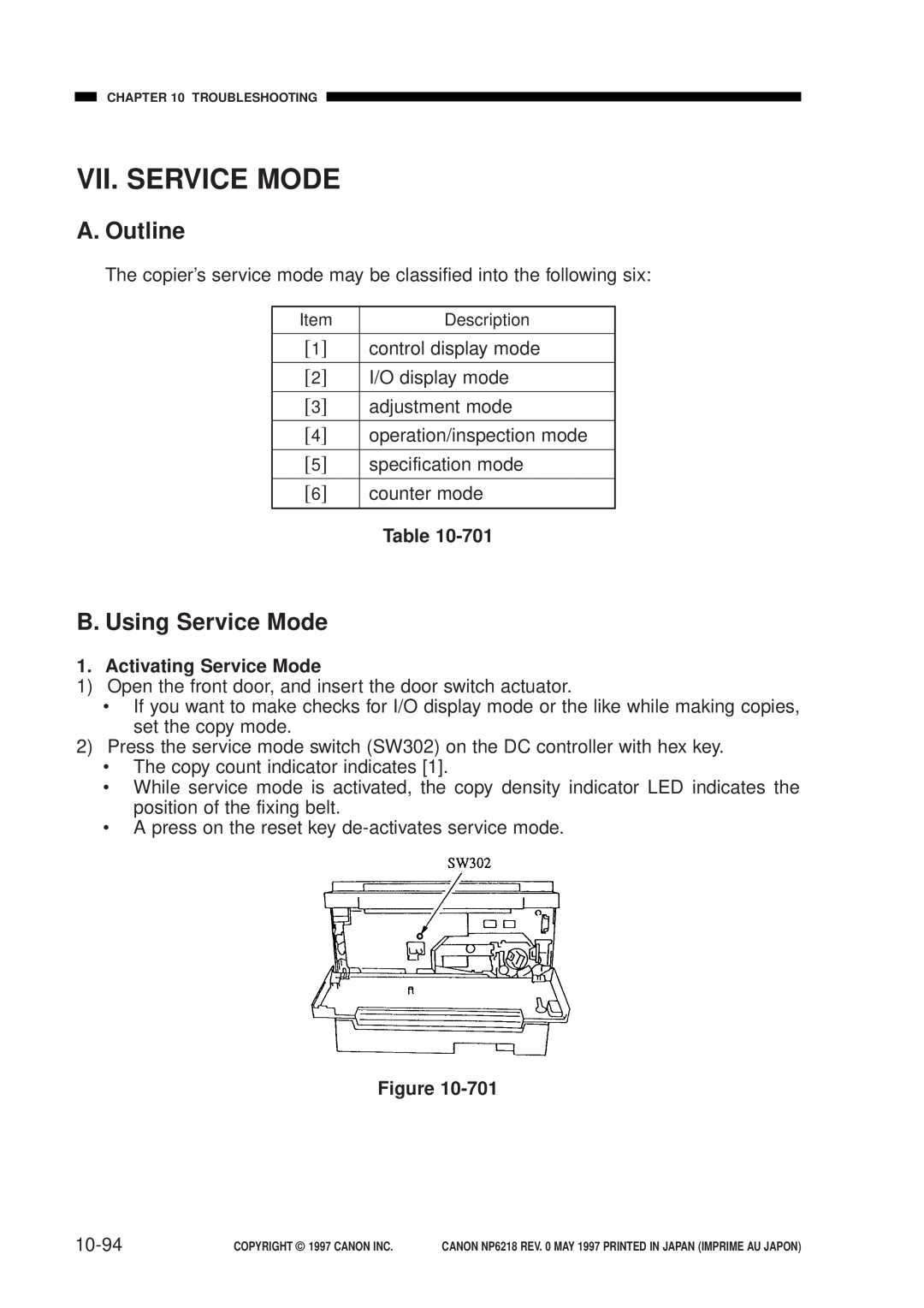Canon NP6218, FY8-13EX-000 Vii. Service Mode, B. Using Service Mode, Activating Service Mode, 10-94, A. Outline 