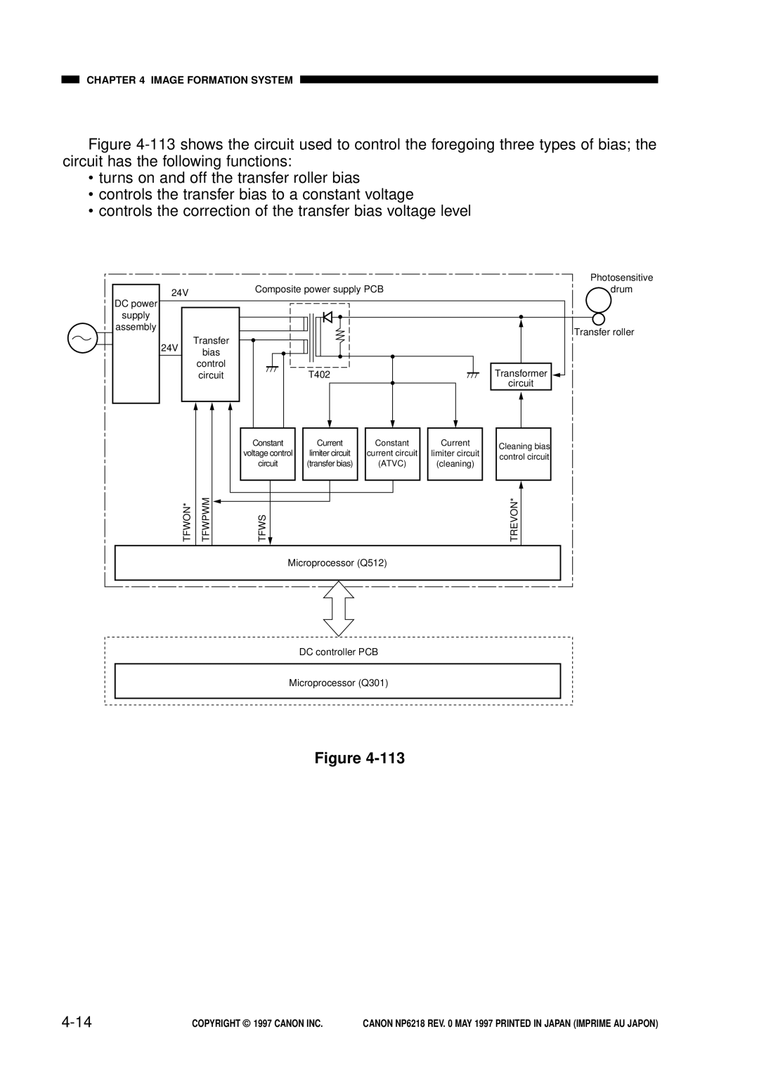 Canon NP6218, FY8-13EX-000 service manual 4-14, turns on and off the transfer roller bias 