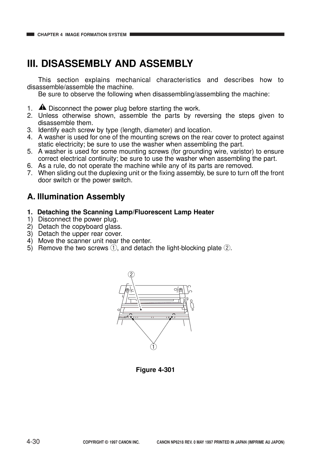 Canon NP6218 III. Disassembly and Assembly, Illumination Assembly, Detaching the Scanning Lamp/Fluorescent Lamp Heater 