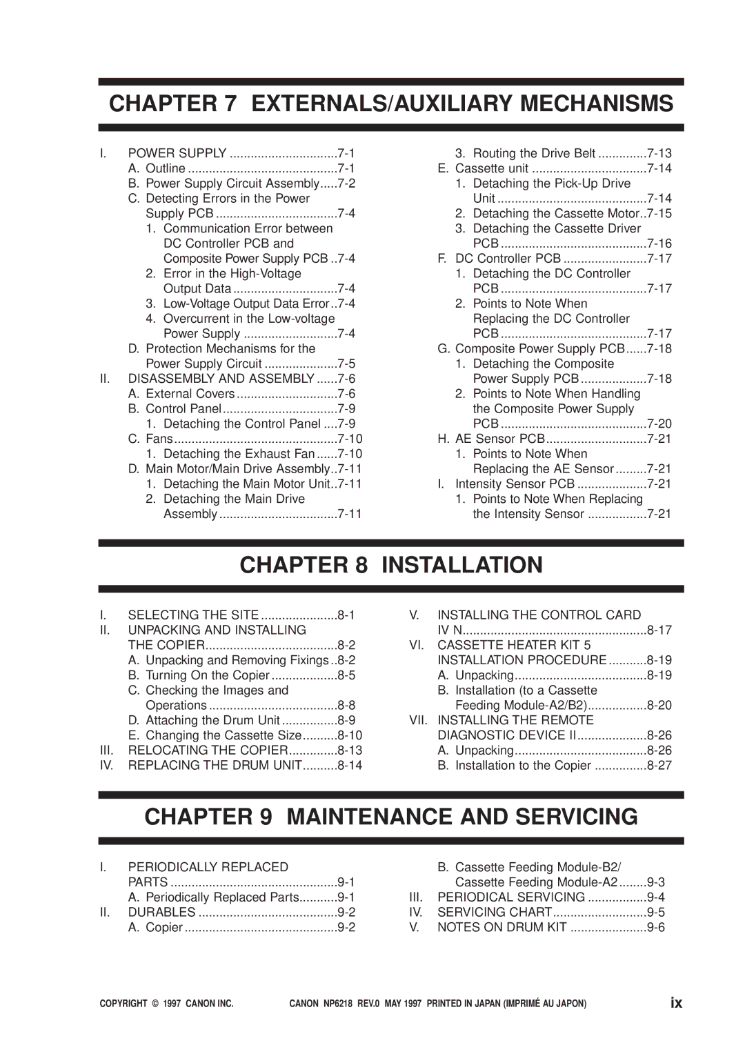 Canon FY8-13EX-000, NP6218 service manual EXTERNALS/AUXILIARY Mechanisms, Installation, Maintenance and Servicing 