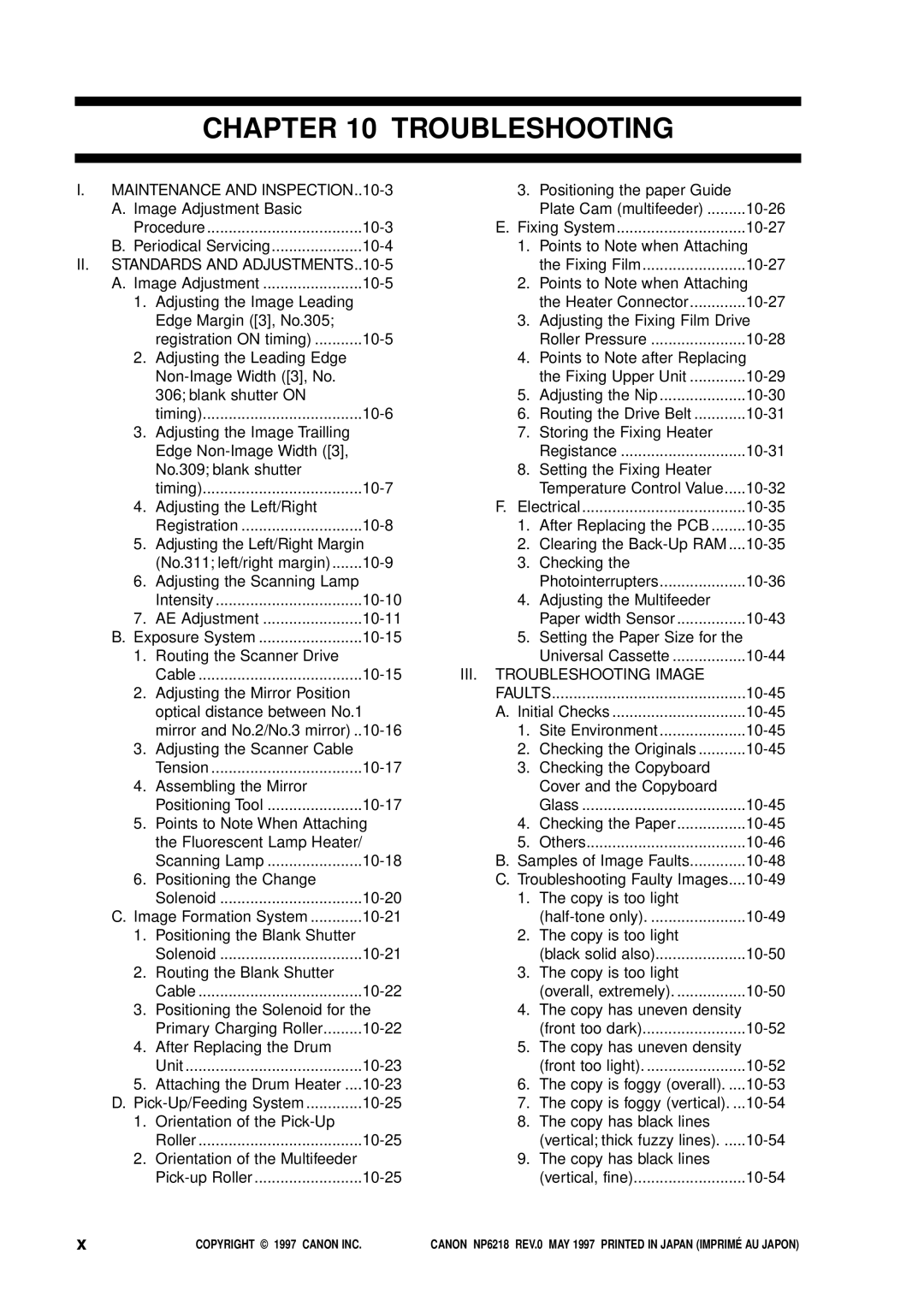 Canon NP6218, FY8-13EX-000 service manual Troubleshooting, II. Standards and ADJUSTMENTS..10-5 