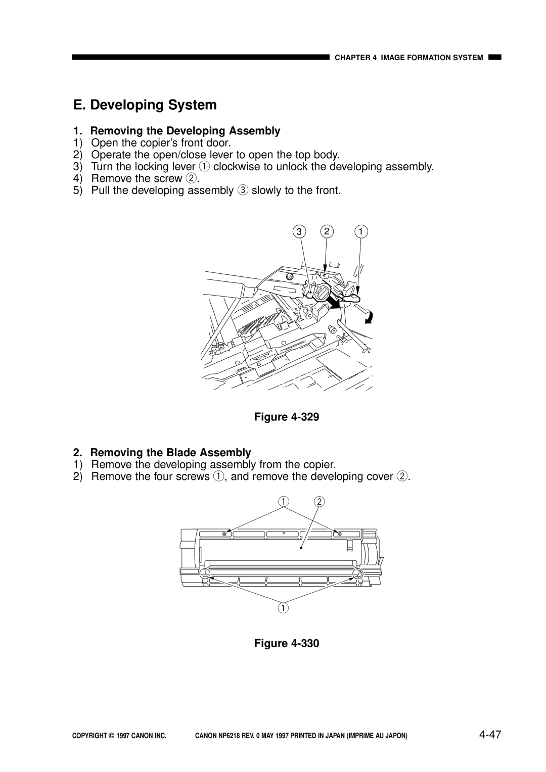 Canon FY8-13EX-000, NP6218 service manual Developing System, Removing the Developing Assembly, Removing the Blade Assembly 