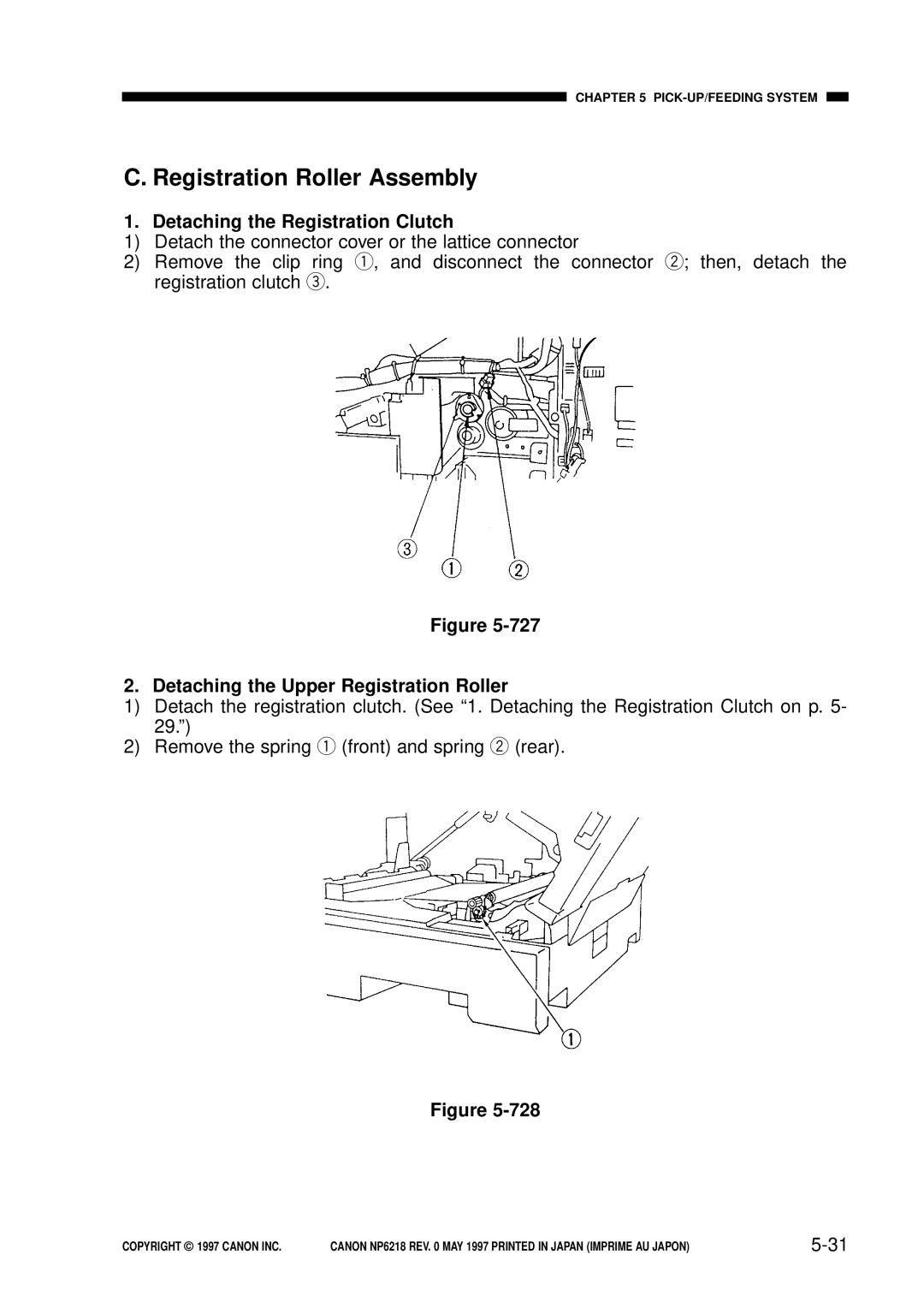 Canon NP6218 Registration Roller Assembly, Detaching the Registration Clutch, Detaching the Upper Registration Roller 