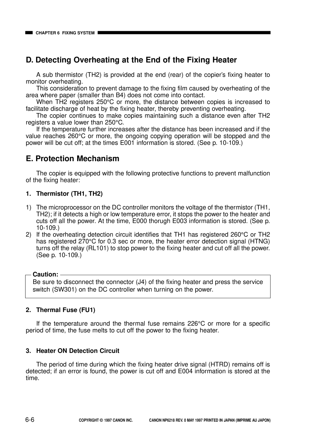 Canon NP6218 Detecting Overheating at the End of the Fixing Heater, Protection Mechanism, Thermistor TH1, TH2 