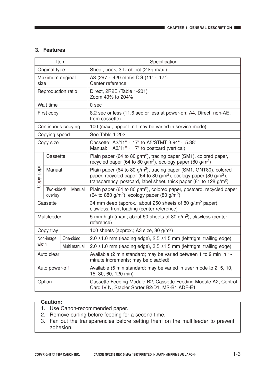 Canon NP6218, FY8-13EX-000 service manual Features 