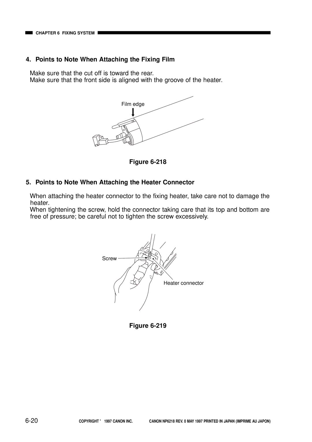 Canon NP6218 Points to Note When Attaching the Fixing Film, Points to Note When Attaching the Heater Connector 