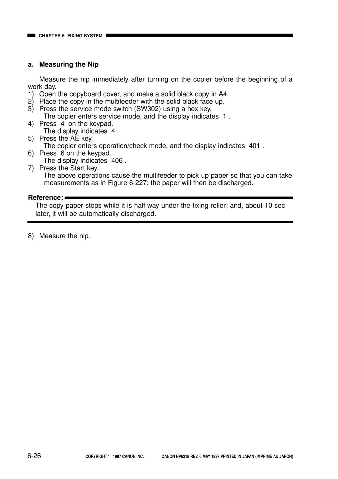 Canon NP6218, FY8-13EX-000 service manual Measuring the Nip, Reference 