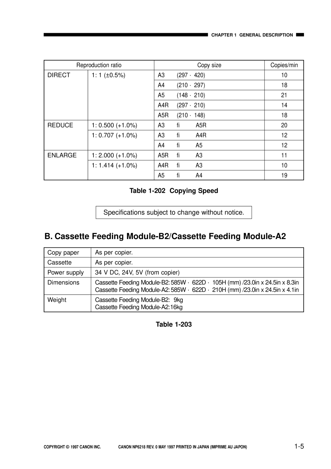 Canon NP6218, FY8-13EX-000 service manual Cassette Feeding Module-B2/Cassette Feeding Module-A2, Copying Speed 