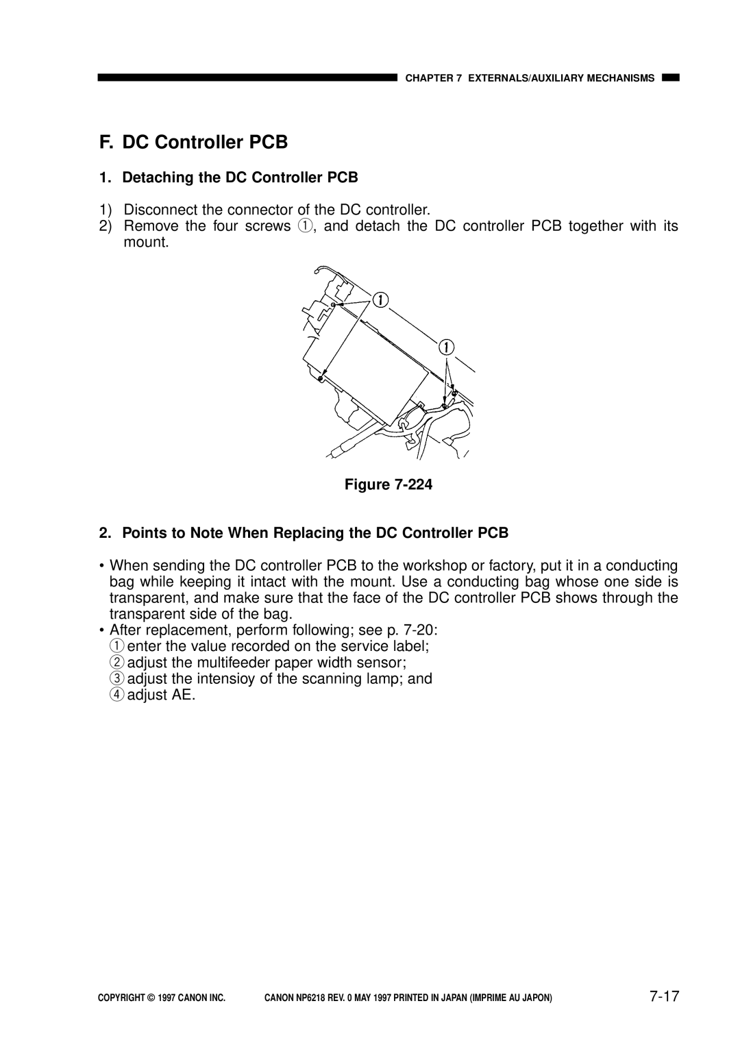 Canon NP6218, FY8-13EX-000 Detaching the DC Controller PCB, Points to Note When Replacing the DC Controller PCB 