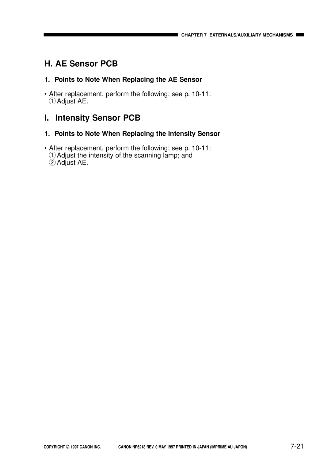 Canon NP6218, FY8-13EX-000 service manual AE Sensor PCB, Intensity Sensor PCB, Points to Note When Replacing the AE Sensor 