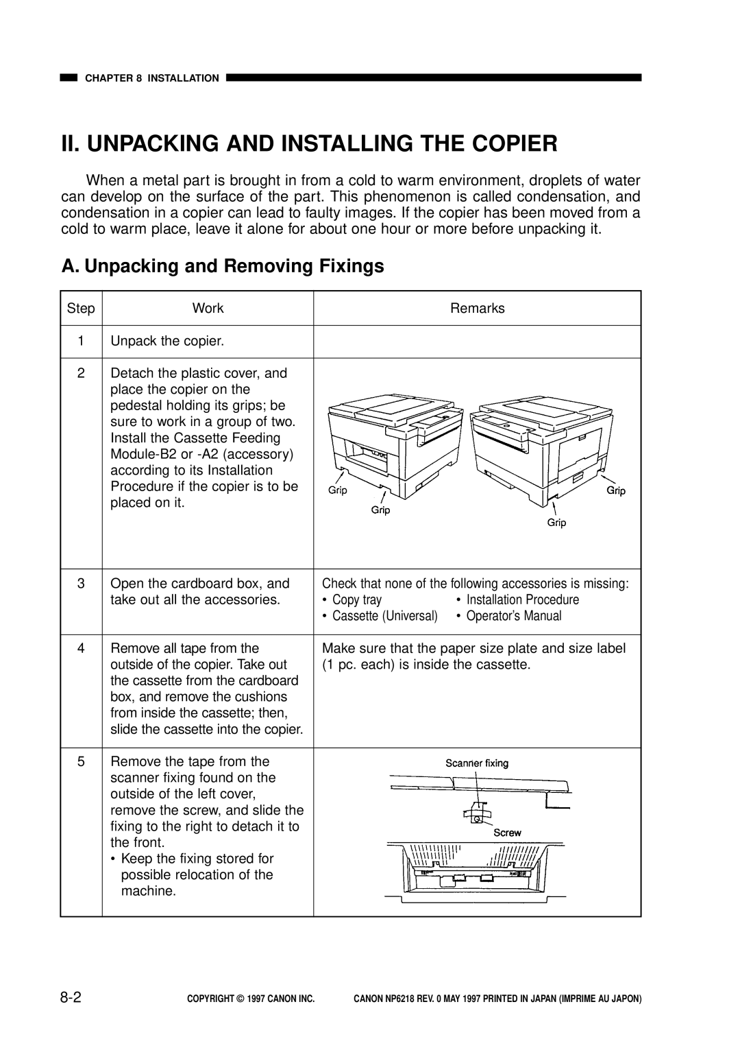 Canon NP6218, FY8-13EX-000 service manual II. Unpacking and Installing the Copier, Unpacking and Removing Fixings 