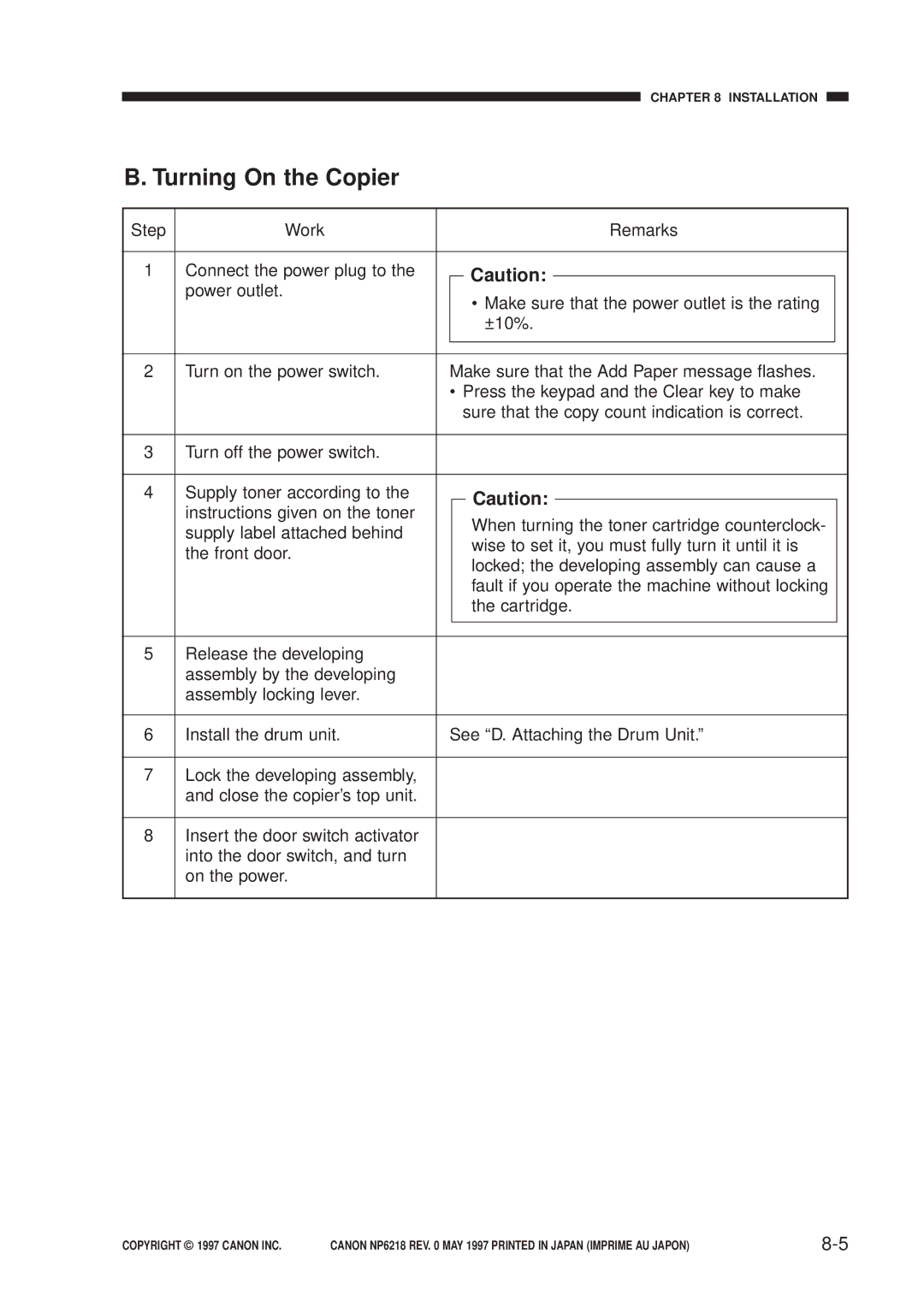 Canon FY8-13EX-000, NP6218 service manual Turning On the Copier 